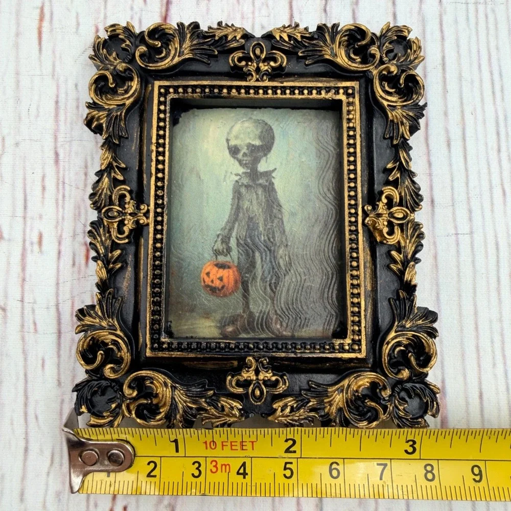 Gothic Zombie Skeleton Halloween Art Print Ornate Black Gold Resin Frame